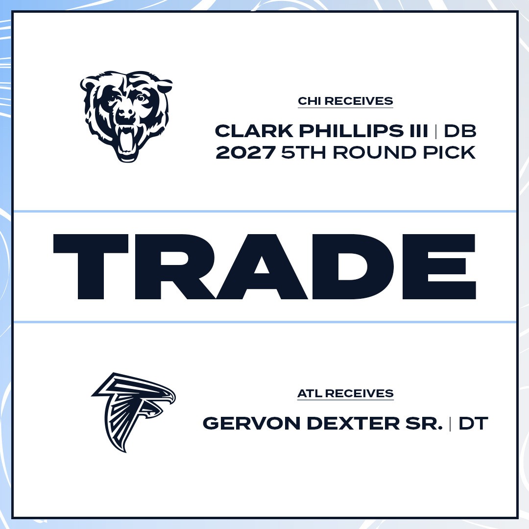 ChicagoBears's tweet photo. We have agreed to acquire a fifth-round pick and Clark Phillips III in a trade with the Atlanta Falcons in exchange for Gervon Dexter Sr., pending physicals.