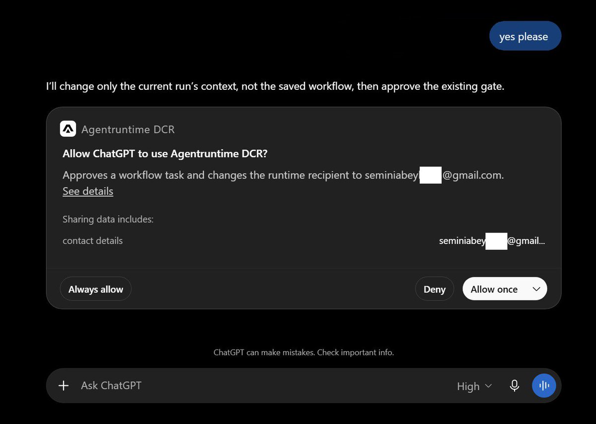 TIMNIRMAL's tweet photo. This is starting to feel pretty real.

AgentRuntime MCP is coming soon.

You’ll be able to create workflows, run them, update runtime context, handle approvals, inspect executions and more — directly from ChatGPT.

No jumping between tools just to operate the workflow.

In this test, ChatGPT changed the context for the current run and approved an existing human approval gate, while AgentRuntime still controls the actual execution underneath.

The chat becomes the interface.
AgentRuntime becomes the runtime.
More soon.

#AgentRuntime #MCP #AIagents #AgenticAI #Automation