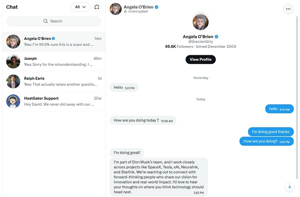 CFWarriorsOrg's tweet photo. 🚨 Apparently I’ve been contacted by Elon Musk’s entire cinematic universe. 🚨
@GrecianGirly claims to work across SpaceX, Tesla, xAI, Neuralink & Starlink.
That’s one hell of a LinkedIn résumé. 😂
@elonmusk #Scam #XScam https://t.co/iFBQxOTpEt