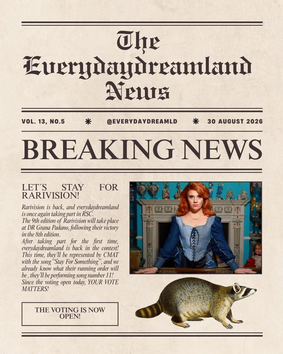 Everydaydreamld's tweet photo. BREAKING: there's something worth staying for. 📰❤️

Today’s front page carries a very important message: voting is now OPEN!

Number 11 is calling… and needs your vote.

VOTE FOR EVERYDAYDREAMLAND, VOTE FOR SONG NO. 11
#RarivisionSongContest #RSCIX #LetYourVoiceShine https://t.co/06ZLcM2Rq3