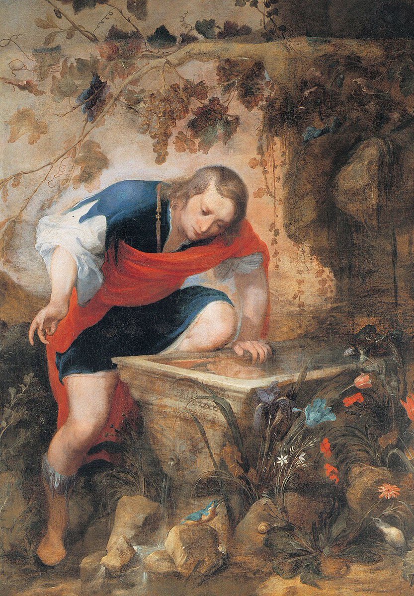AtlasOfWisdom's tweet photo. Narcissism is rooted in an ancient Greek myth about a man who became obsessed with himself.

In Ovid’s Metamorphoses, Narcissus is known for his beauty and rejects everyone who falls for him. Echo, a nymph cursed to repeat only the words of others, falls in love with him too. He rejects her, and she slowly fades away until only her voice remains.

Then Narcissus comes across a pool and sees a beautiful face in the water. He falls for it without realizing it’s his own reflection. He reaches for it but can never touch it. Eventually, he realizes who he’s been staring at. The person he wants is himself, so there is no way to have what he wants.

Narcissus dies beside the pool, and a narcissus flower grows where he dies. Echo and Narcissus are almost opposites. She can only repeat other people, while he becomes completely absorbed in himself. Centuries later, his name gave us the word “narcissism.”
#GreekMythology
