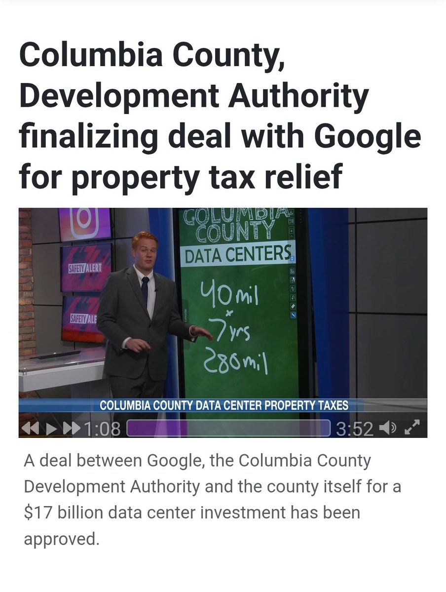 cremieuxrecueil's tweet photo. Columbia County, GA is in the final stages of agreeing to let Google come in, build a data center, and pay $40m in property tax

The cool part? They currently collect $25m total

The deal is being set up to let them get rid of property taxes for residents since the DC is enough! https://t.co/LSRugoKUs3