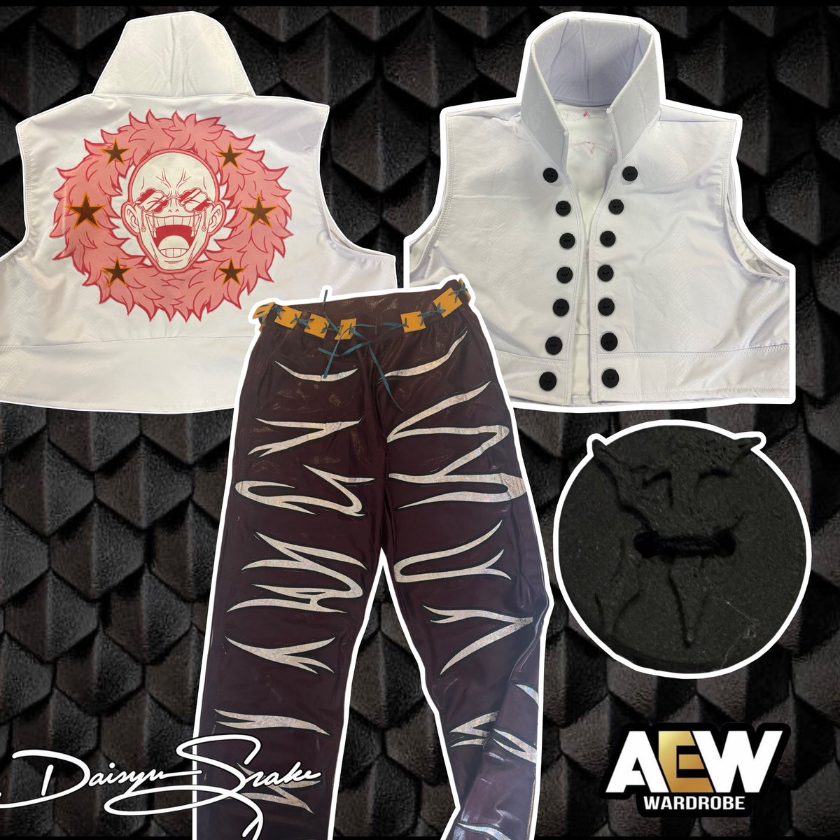 daingersnake's tweet photo. ALL IN gear done for @kylefletcherpro inspired by the @OnePieceAnime character DoFlamingo.  The custom button is probably my favorite part! 

#Daingersnakedesigns
 #prowrestling
 #spandex #gear
#AEWAllin https://t.co/y6YwUTZNHi