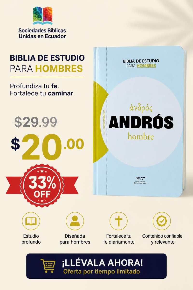 SBUEcuador's tweet photo. 💪 CRECE FUERTE EN LA FE. Biblia de estudio Andrós: 52 estudios, concordancia y herramientas para el varón de Dios. De $29.99 a $20 (33% OFF). 🛒 https://t.co/Rq459yVkub #Varones #SBUEc https://t.co/I55U3Ed35V