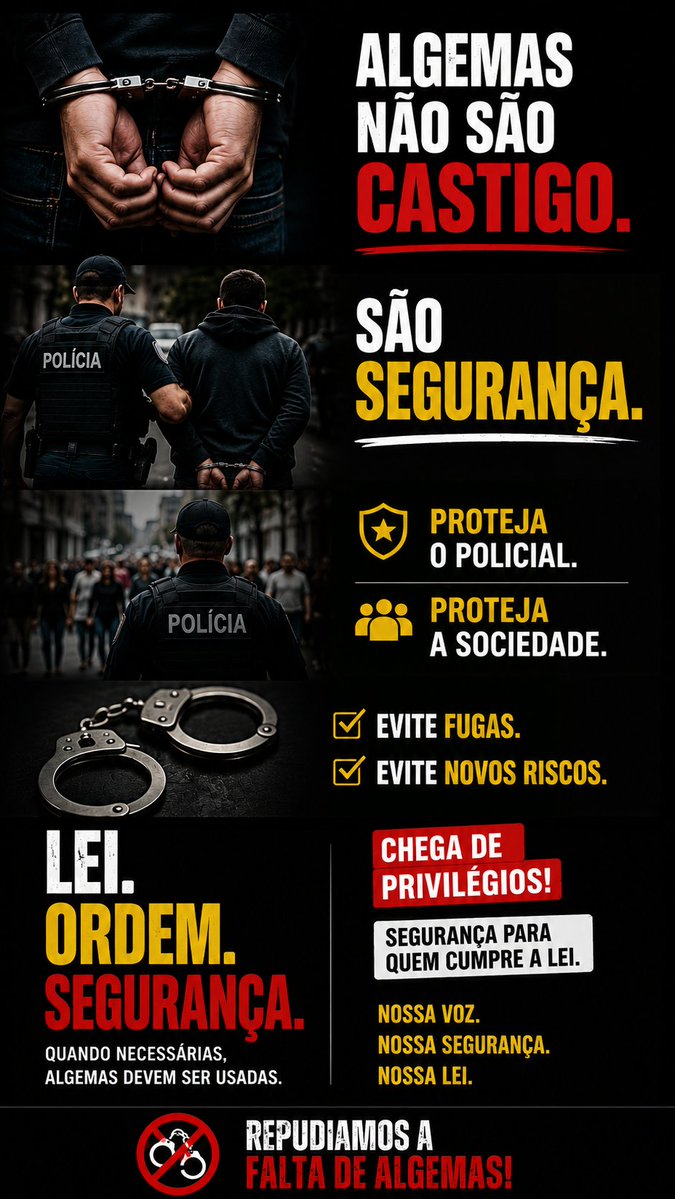 tinte2000's tweet photo. ALGEMAS NÃO SÃO CASTIGO. SÃO SEGURANÇA.
#SegurançaPública #LeiEOrdem #Justiça #Algemas #CombateAoCrime #Polícia #Segurança #Ordem #RespeitoÀLei #SociedadeSegura #TikTokBrasil https://t.co/JQueTUInsY