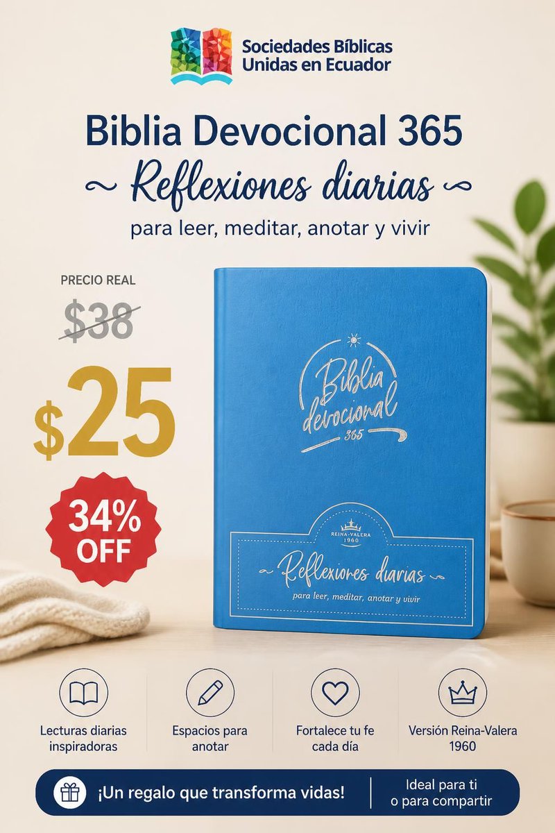SBUEcuador's tweet photo. 📅 UN AÑO TRANSFORMADO. La Biblia Devocional 365: contenido guiado y tapa piel premium para crecer en constancia. De $38 a $25 (34% OFF). 🛒 https://t.co/7MJDGmvgWu #Devocional #BibliaDiaria #SBUEc https://t.co/3uReptXTpu