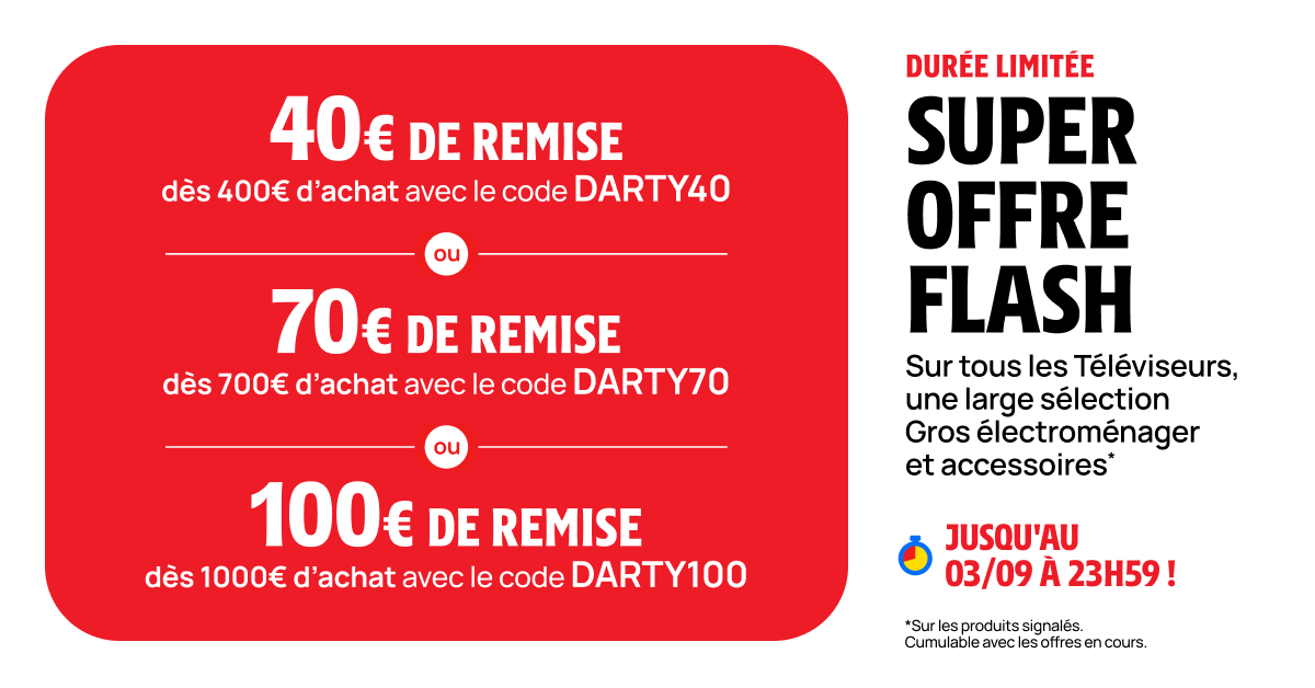 Darty_Officiel's tweet photo. #SuperOffreFlash ✨ Profitez jusqu'à jeudi inclus de nos remises sur les rayons Téléviseurs et Gros Électroménager.
👉https://t.co/AlmVc2Fucc https://t.co/YEuSx86rZM