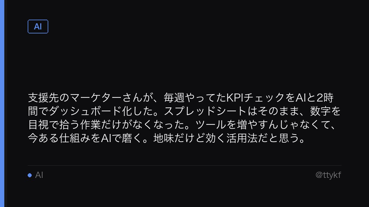 ttykf's tweet photo. 支援先のマーケターさんが、毎週やってたKPIチェックをAIと2時間でダッシュボード化した。スプレッドシートはそのまま、数字を目視で拾う作業だけがなくなった。ツールを増やすんじゃなくて、今ある仕組みをAIで磨く。地味だけど効く活用法だと思う。 https://t.co/M6NvbqTyqF