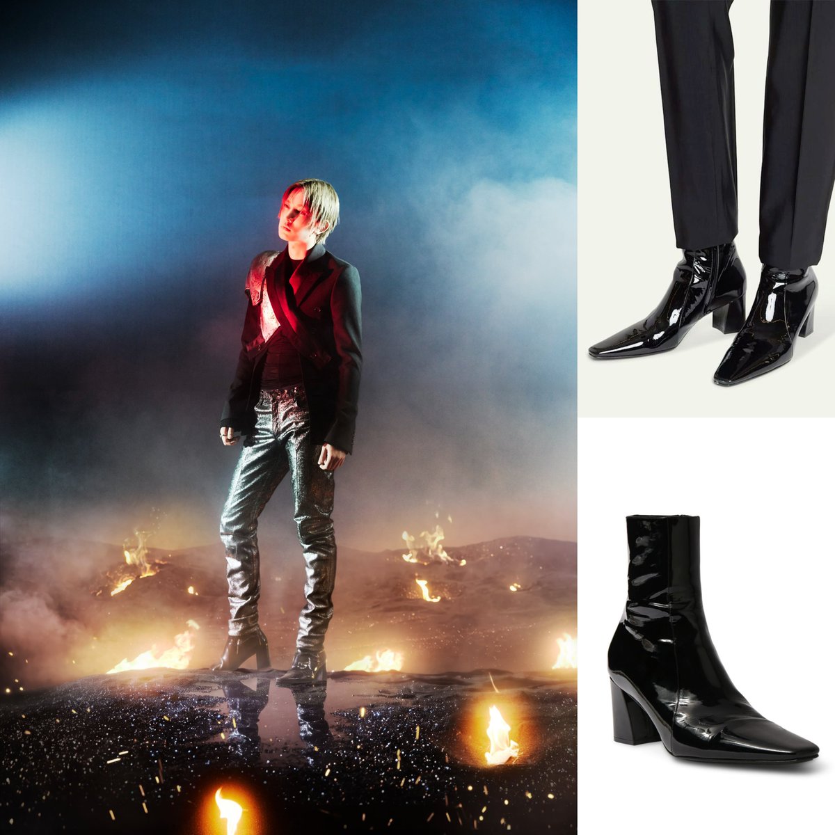 saintevant's tweet photo. EVAN in Saint Laurent Rainer Zipped Patent-leather Boots, Spring/Summer 2024 Menswear collection.

#EVAN #YSL https://t.co/vQ5wTqi0ml