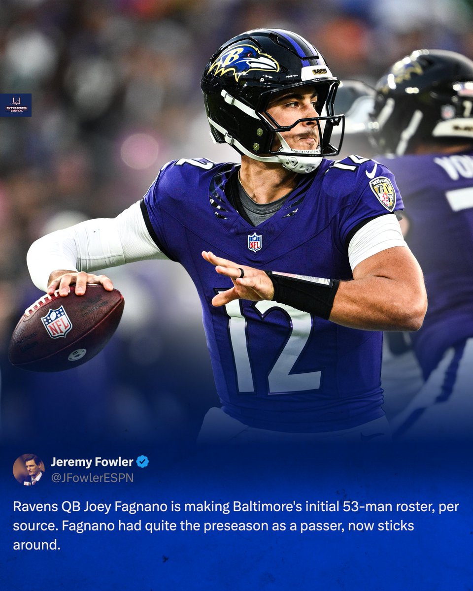 StorrsCentral's tweet photo. BREAKING: Former UConn QB Joe Fagnano has made the Baltimore Ravens 53-man roster, per @JFowlerESPN 

Heart of a Husky @joefagnano 💙

#BleedBlue #CTFootball https://t.co/JElfYqdXpm