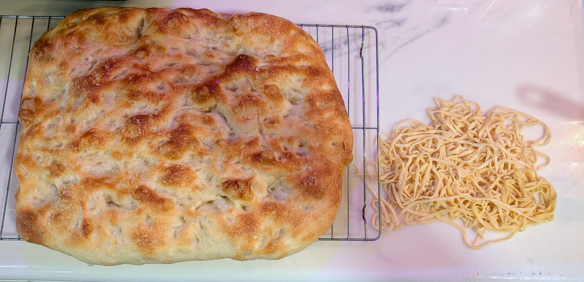 CarolynMitton's tweet photo. Today felt like the perfect day to spend in the kitchen. 
Homemade pasta &amp; by far, my best batch of focaccia yet! https://t.co/j6etmWczB5
