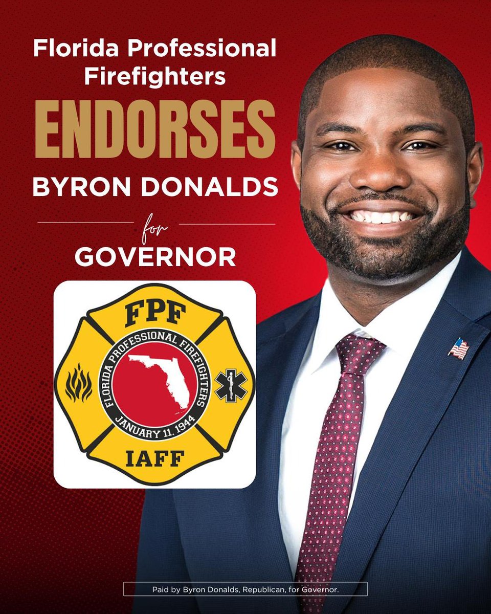 ByronDonalds's tweet photo. Florida’s firefighters and paramedics put their lives on the line every day to protect our families and our communities. 

I’m honored to have the support of the Florida Professional Firefighters and the more than 32,000 first responders they represent across our state.

As Governor, I will always stand with our first responders and make sure Florida remains the safest and best state in America to live, work, and raise a family.