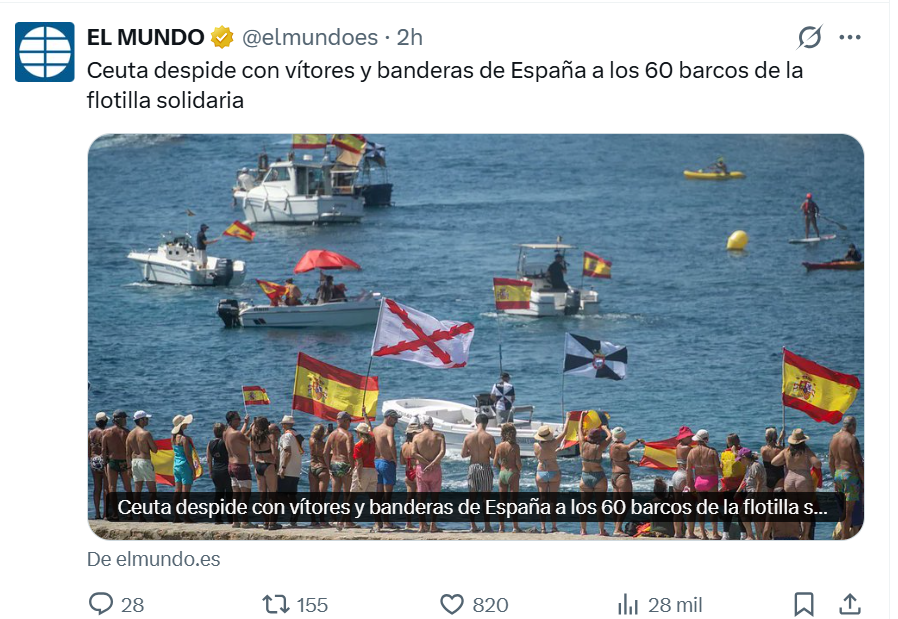 carlossmato's tweet photo. La verdad es que yo solo cuento a treinta personas en la playa despidiendo a la flotilla de fascistas ricos que han ido a pasar el finde a Ceuta.
Eso sí, el gobierno del PP de la ciudad autónoma les ha pagado la cena y las copas porque financiar su astracanada era prioritario... https://t.co/f1YhSycFQH