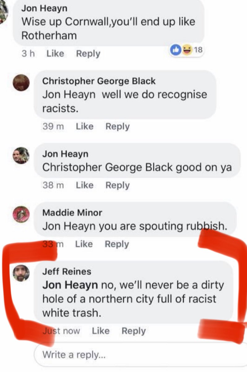 harryarthur84's tweet photo. @CartlandDavid Here’s that odious creature Reines, head of Cornwall Live, labelling the entire inhabitants of Rochdale as ‘ white scum’. How in gods name is he still in a job?? https://t.co/xdGm1JifrM