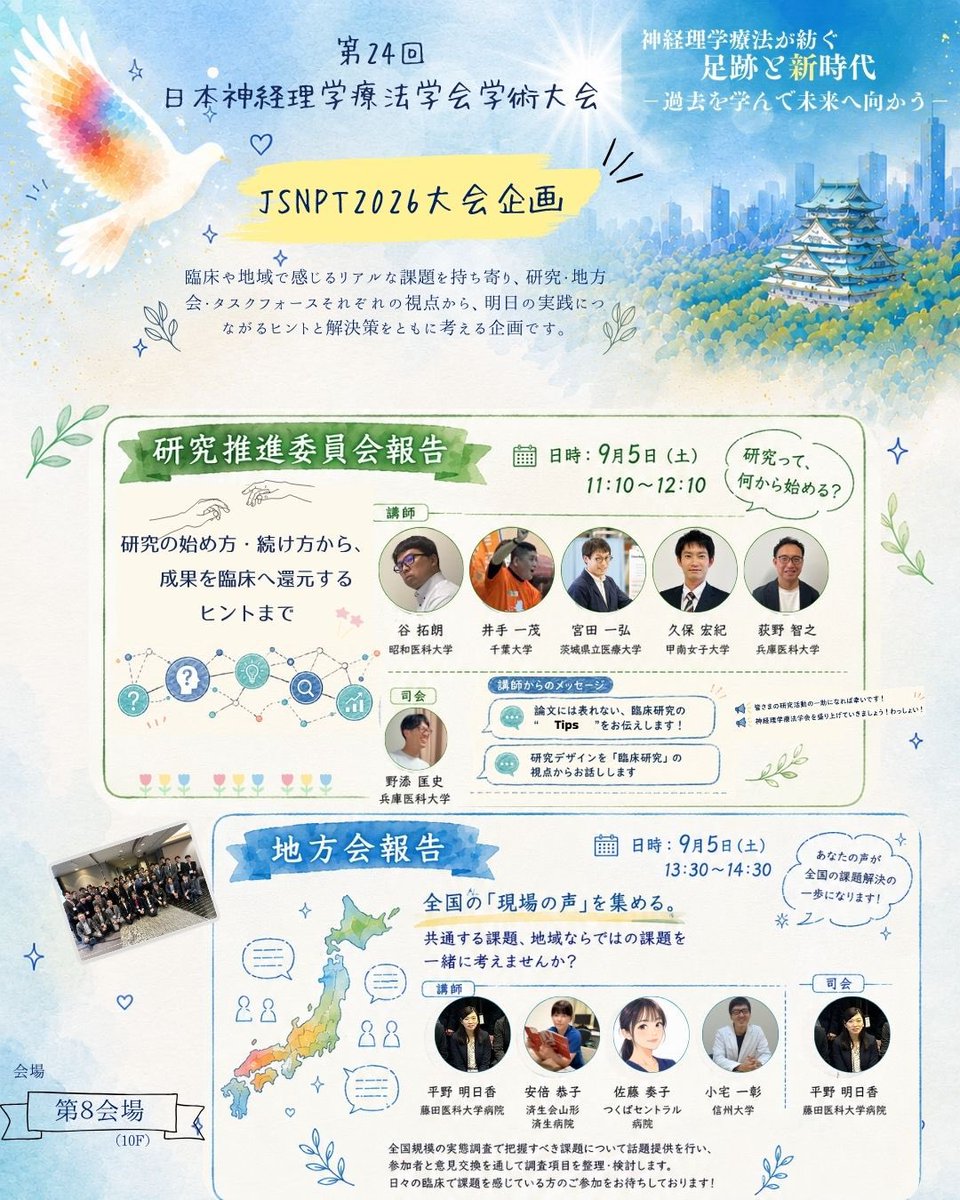 JSNPT2026's tweet photo. 📣 #JSNPT2026 大会企画をご紹介！

臨床や地域で感じる“リアルな課題”を持ち寄り、明日の実践につながるヒントを一緒に考えませんか？

🔬研究推進委員会報告
🗾地方会報告
🧩タスクフォース報告

研究のTipsから地域の課題、7領域の取り組みまで。
📍第8会場（10F）
🗓️9月5日（土） https://t.co/8BAJvdsMsH