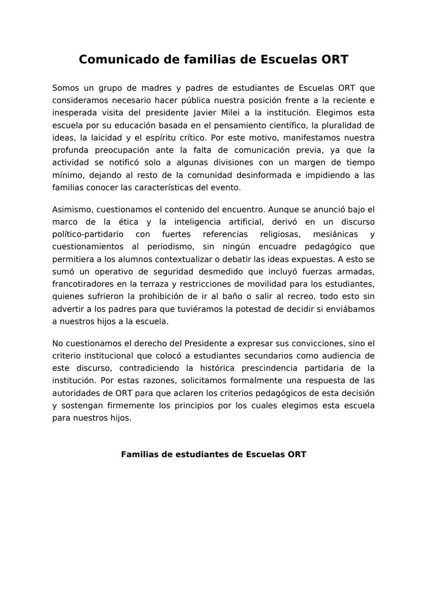 FabianWaldman's tweet photo. ORT
Padres de estudiantes siguen aguardando una respuesta a su pedido de explicaciones por la visita de Javier Milei.
Los directivos han preferido guardar silencio. 
Profesores han sido echados y sancionados por realizar expresiones politicas. 
La diligencia de ORT ha perdido autoridad, al igual que el mismo gobierno, para cuestionar ni llevar adelante campañas contra "adoctrinamiento".