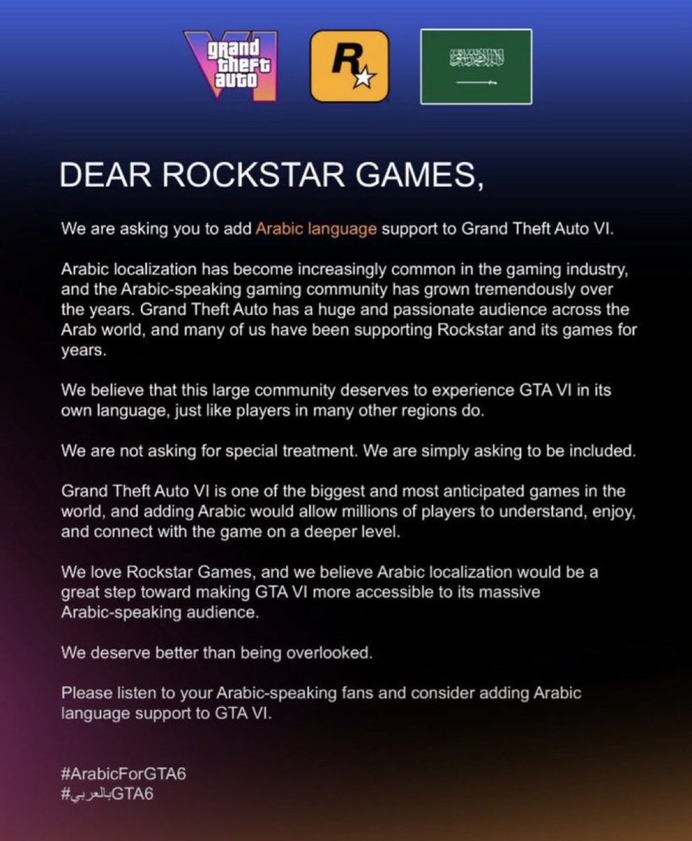 Games911x's tweet photo. @RockstarGames @netflix 🇸🇦🇸🇦
400 million Arabic speakers around the world https://t.co/GZkYFqLFcr