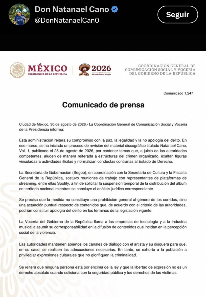 ZuritaCarpio's tweet photo. 🚨 FALSO | Circula comunicado apócrifo sobre suspensión de Natanael Cano en Spotify por apología del delito. Gobierno de México NO ha emitido tal documento. Es desinformación con diseño oficial. Además, la cuenta @DonNatanaelCan0 no es la del cantante, es de un fanático. https://t.co/nDYzlFxFJT