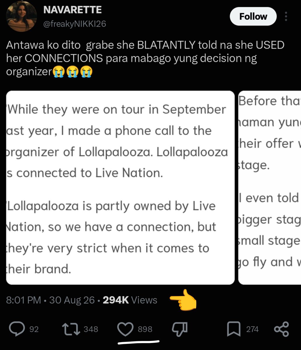 Miss_Take_Notes's tweet photo. It's saddening to see some B!NI fans (Bl0oms) use this statement to build a narrative that SB19 got the Allianz stage simply because of connections, supposedly at the expense of another artist who was "supposed to be" on that stage.

I could ignore it, honestly. 
Baka kasi may mga injel nanaman mag call out kasi I am making patol. 

But for me, when these narratives are getting HUNDREDS OF THOUSANDS of views and HUNDREDS of likes, 
And are being repeated as if they're facts, 
I feel like we need to address them before they spread even further.

Kaya, go! 
Hate me, mute me, unfollow me, block me. 
Go ahead.

But I won't stop calling out and debunking the false narratives I see being spread by these hamogs.

So to B!ni fans, if you see this, don't mind commenting, qrt or what. 
You won't get a response from me. 

But  May this be a reminder that we should READ beyond assumptions and narratives. 
Pinag a/aral kayo ng maayos, kaya I apply nyo sa life yan. 

Again, 
Advocating for one artist ≠ sabotaging another.

Nothing in Ms. Rhiza's interview says she used her connections to take someone else's slot, or ruin another artist's performance, or deprive someone of their "dream stage." 

She ADVOCATED for an artist she believed deserved the opportunity.

And ultimately, 
the organizers made their own DUE DILIGENCE and their own decision.

Kaya go! 
Keep burning bridges bl0oms. 
Eventually, there may be fewer bridges left to cross.

I genuinely hope organizers like @livenationph and others in the industry take note of how this kind of fandom behavior can affect relationships and future opportunities.

Seriously. 😐

No artist deserves to lose opportunities because of their fans.

But neither should anyone expect organizers to tolerate unnecessary hostility. 😒