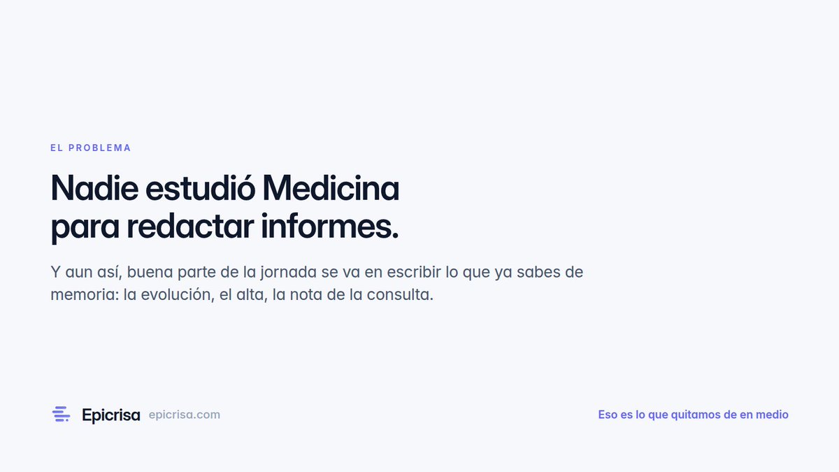 Epicrisa_app's tweet photo. Nadie estudió Medicina para redactar informes.

Y aun así, buena parte de la jornada se va escribiendo de memoria lo que ya sabes: la evolución, el alta, la nota de la consulta.

Eso es lo que estamos quitando de en medio. https://t.co/FAiCBQkMf0