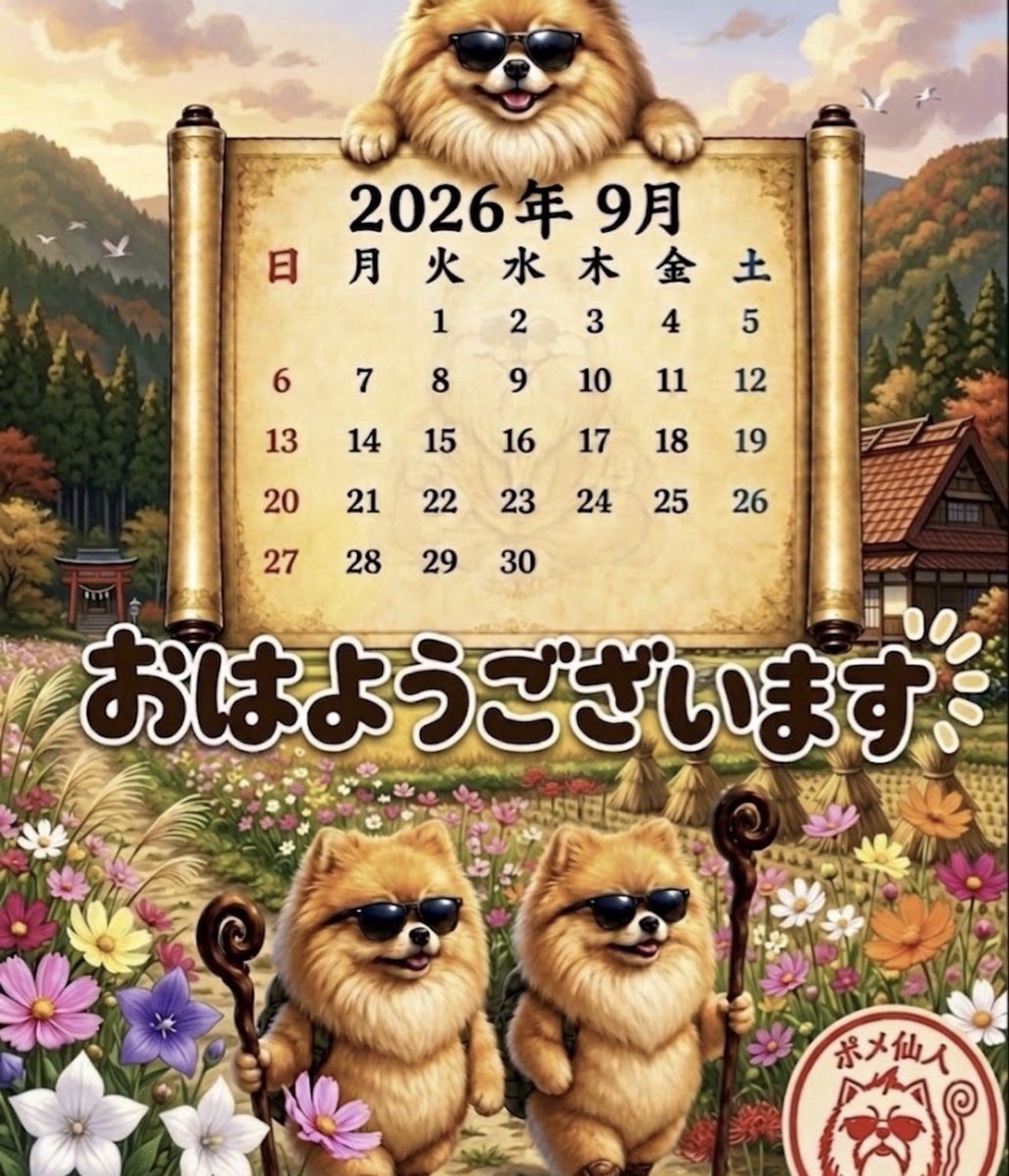 hanahide3's tweet photo. 9月のカレンダー出来ました(*≧▽≦)
舞台はポメハウスを離れ、田舎へ♪
9月の代表的なお花の道をポメ仙人が散歩しまーす。

宜しくお願いします(*´∀`)ﾉ🌼 https://t.co/hnO7gO59pj