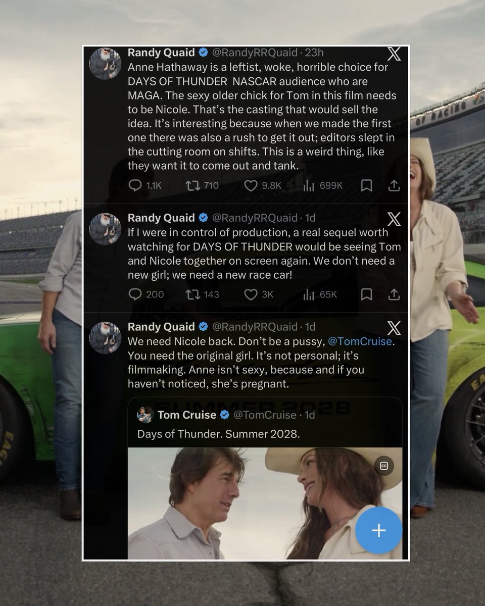 basic_hollywood's tweet photo. “Days of Thunder” star #RandyQuaid sounded off on #AnneHathaway after it was revealed that she has joined #TomCruise in the racing drama’s upcoming sequel.

“If I were in control of production, a real sequel worth watching for DAYS OF THUNDER would be seeing Tom and #NicoleKidman together on screen again.”