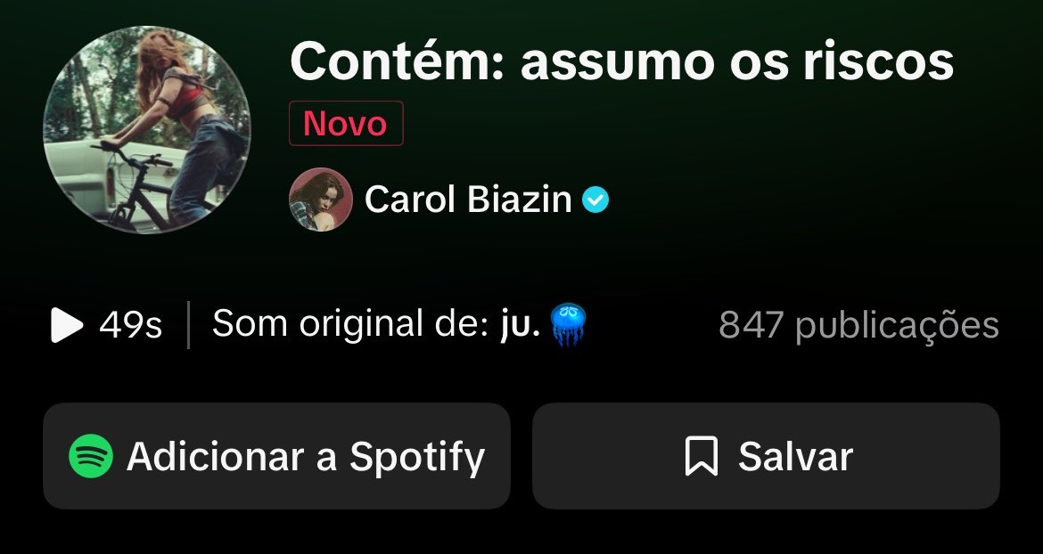 biazinchrts's tweet photo. "𝒂𝒔𝒔𝒖𝒎𝒐 𝒐𝒔 𝒓𝒊𝒔𝒄𝒐𝒔" de Carol Biazin já acumula mais de 7 mil publicações no tiktok em menos de uma semana de lançamento! ❤️ https://t.co/5GjL26Usxi
