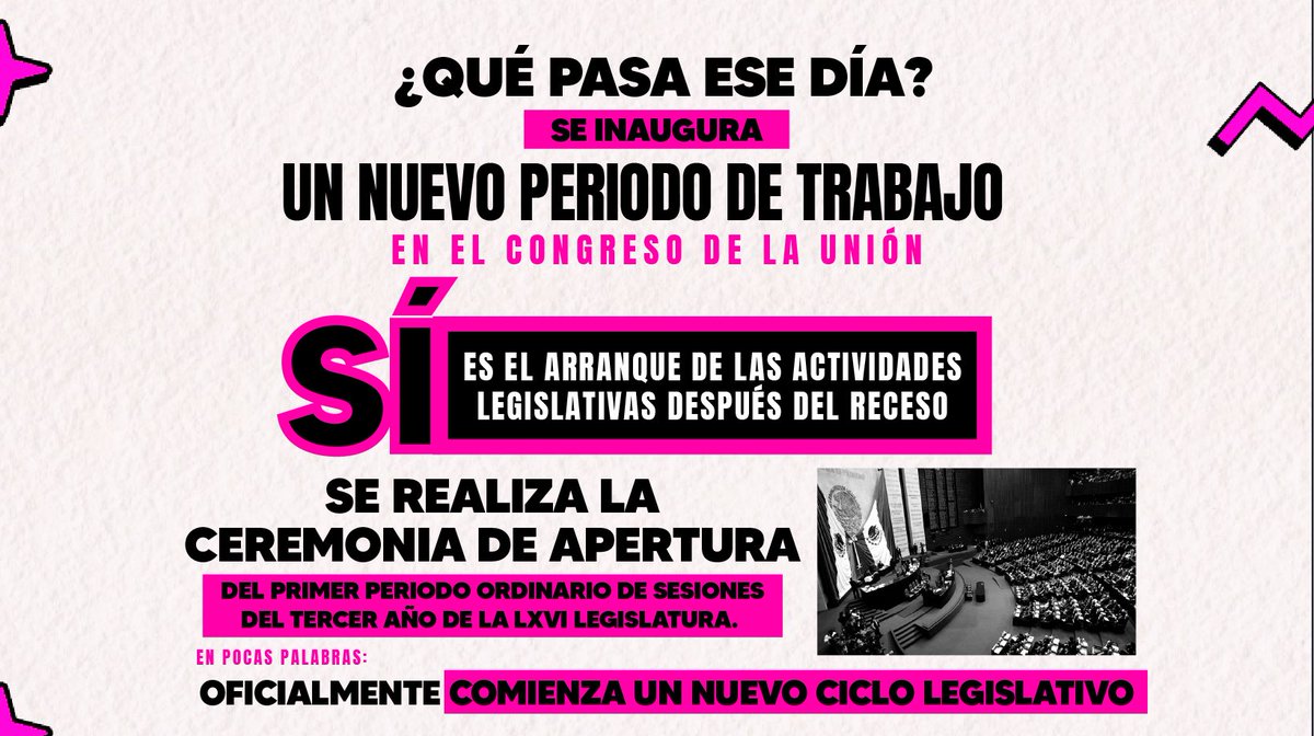 CanalCongreso's tweet photo. 👀 ¿Sabías que el #1deseptiembre pasa algo importante en el Congreso?
🏛️ Ese día arranca el Primer Periodo Ordinario del Tercer Año de la LXVI Legislatura.
👉 Y si no tienes idea de qué va todo esto, aquí te lo explicamos para que no te pierdas nada.
#diputados #diputadas #senado #senador #senadora #congreso #sesion #sesiones #congresodelarepública #congresodelaunión