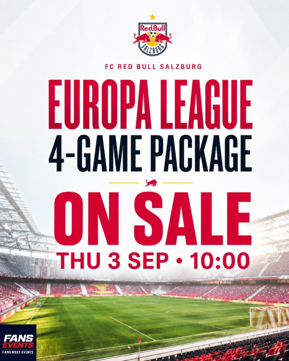 FansEvents_com's tweet photo. Salzburg’s 4-match Europa League home package goes on general sale on September 3 at 10:00, with no membership required, featuring AC Milan, Crystal Palace and two other opponents, with discounts for season ticket holders.#salzburg #redbullsalzburg #UEL #UELTICKETS https://t.co/sRyuBcTn3p