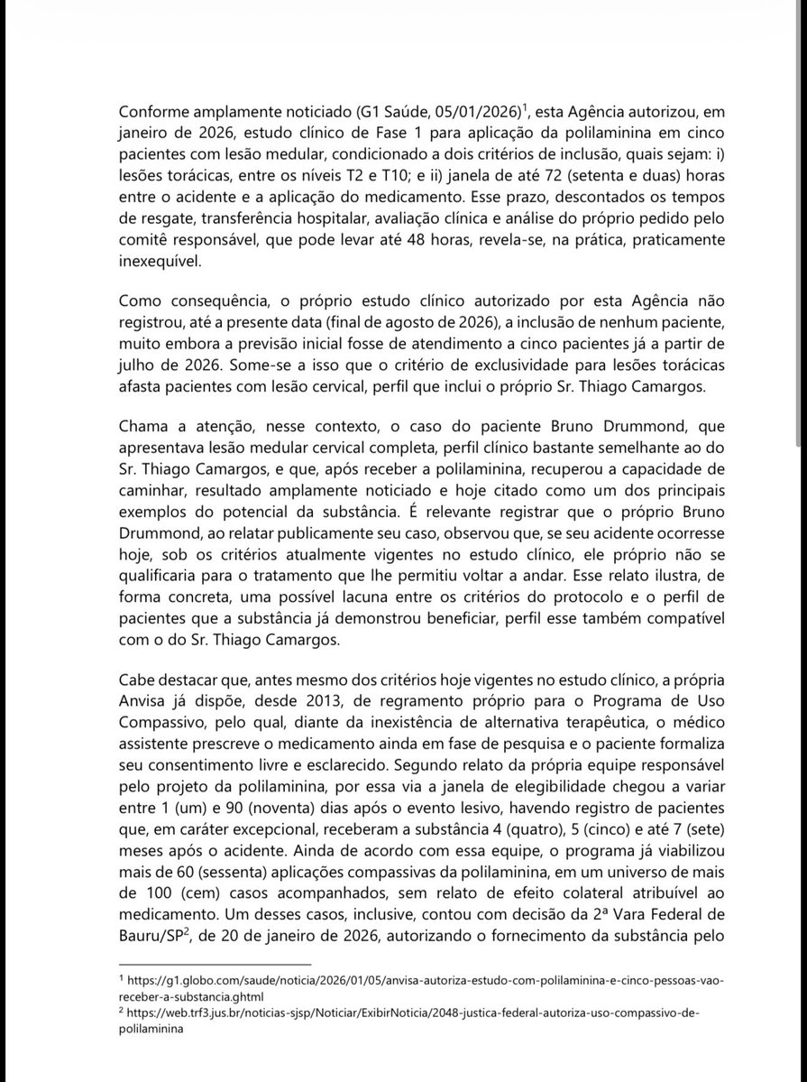 nikolas_dm's tweet photo. O Tiba pediu que levantássemos a nossa voz junto com a dele. Levei esse pedido adiante.

Protocolei ofício na Anvisa solicitando a análise do caso e a revisão dos critérios do estudo clínico da polilaminina, especialmente em relação à janela de 72 horas e à inclusão de pacientes com lesões cervicais.

Agora, cabe à Anvisa avaliar o pedido. Da nossa parte, seguiremos fazendo o que o mandato nos permite: levar a demanda adiante e cobrar uma resposta.