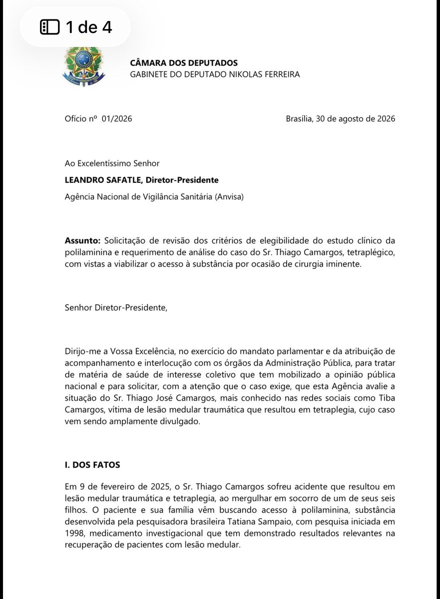 nikolas_dm's tweet photo. O Tiba pediu que levantássemos a nossa voz junto com a dele. Levei esse pedido adiante.

Protocolei ofício na Anvisa solicitando a análise do caso e a revisão dos critérios do estudo clínico da polilaminina, especialmente em relação à janela de 72 horas e à inclusão de pacientes com lesões cervicais.

Agora, cabe à Anvisa avaliar o pedido. Da nossa parte, seguiremos fazendo o que o mandato nos permite: levar a demanda adiante e cobrar uma resposta.