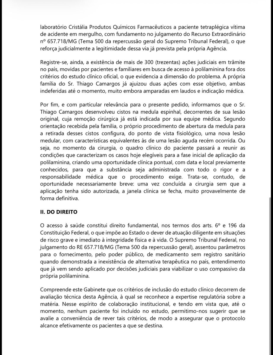 nikolas_dm's tweet photo. O Tiba pediu que levantássemos a nossa voz junto com a dele. Levei esse pedido adiante.

Protocolei ofício na Anvisa solicitando a análise do caso e a revisão dos critérios do estudo clínico da polilaminina, especialmente em relação à janela de 72 horas e à inclusão de pacientes com lesões cervicais.

Agora, cabe à Anvisa avaliar o pedido. Da nossa parte, seguiremos fazendo o que o mandato nos permite: levar a demanda adiante e cobrar uma resposta.