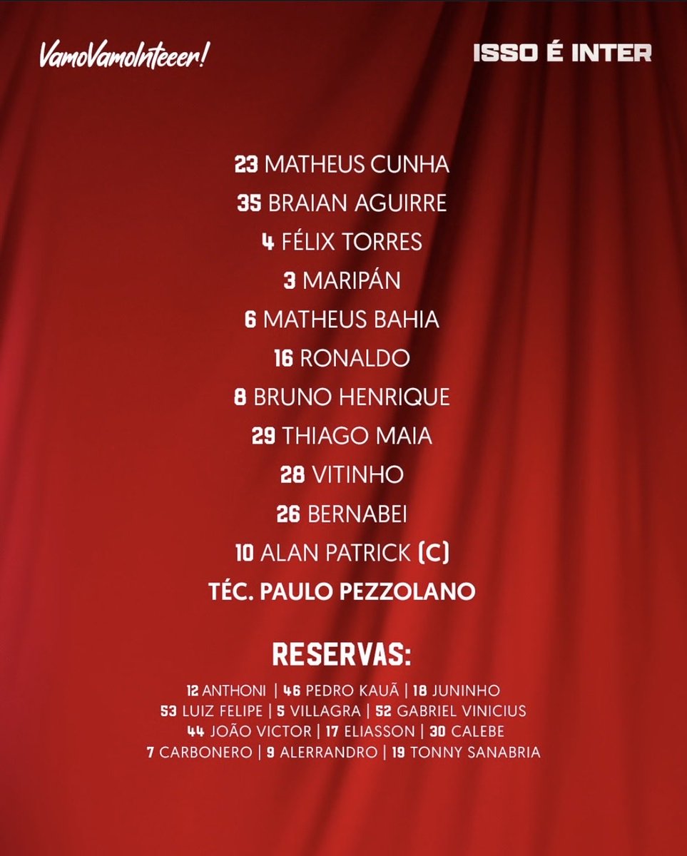 InFutebol10's tweet photo. Escalação: 🔵⚪️🔴 Bahia X Internacional 🔴⚪️ https://t.co/IgtTVlIB3m