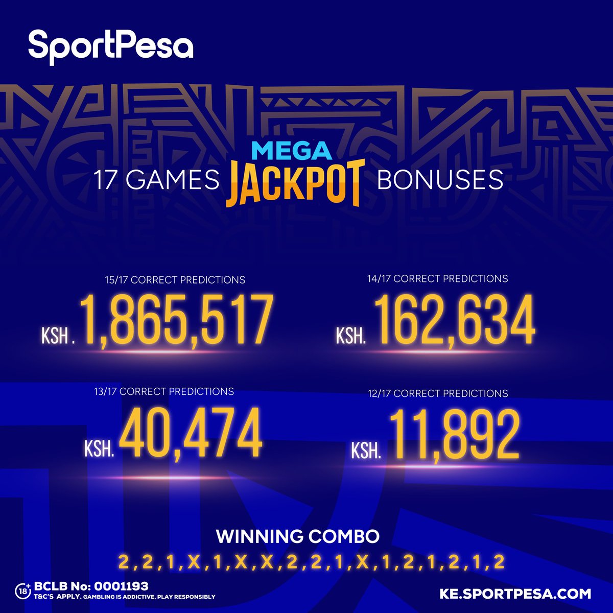 SportPesa's tweet photo. ๐ฅSportPesa Mega Jackpot Bonus Alert!๐ฅ
Umewai ngapi?๐
Congratulations to all Bonus Winners!๐
Changamkia Midweek Jackpot, Shinda, Lipwa instantly!๐ซก
https://t.co/KvvUAMpVa1 | #MakeItCount https://t.co/Bm0qsBP2yj
