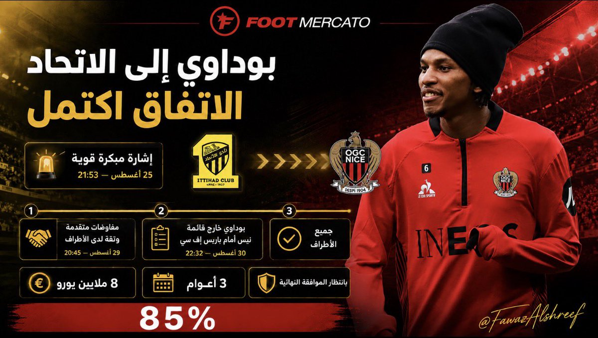 FawazAlshreef's tweet photo. عجّل علينا ..
اتفاق بوداوي اكتمل🚨

كشفت @DahbiaHattabi  عبر «فوت ميركاتو» @footmercato عن اتفاق جميع الأطراف على انتقال هشام بوداوي من نيس إلى #الاتحاد مقابل نحو 8 ملايين يورو، بعقد مدته ثلاثة أعوام.
وبحسب المصدر، أُنجزت تفاصيل العملية وقيل قيمة العقد 8 ملايين يورو لثلاثة أعوام لم يعلنهما نيس ولا الاتحاد.
لا يوجد حتى الآن إعلان عن السفر أو الفحص الطبي أو توقيع العقود،
هذا أول انتقال في الرواية من مرحلة "مفاوضات متقدمة وثقة لدى الأطراف" إلى القول بوجود "اتفاق كامل".