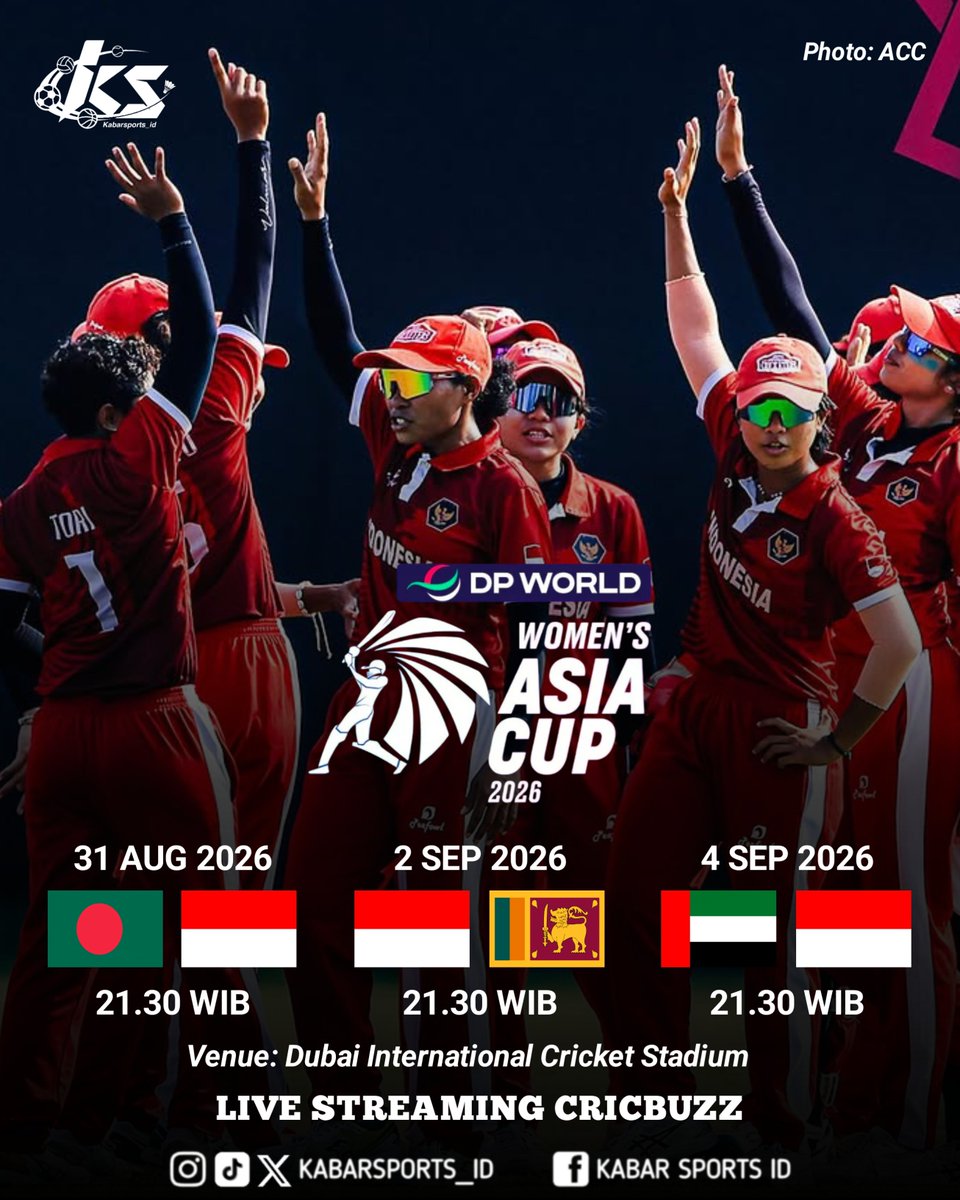 kabarsports_id's tweet photo. Jadwal pertandingan Indonesia di ACC Women's Asia Cup 2026

Ini bakal jadi momen bersejarah karena Indonesia akan debut di Piala Asia Cricket Putri.

Good Luck! 🇮🇩🦅

#ACCWomensAsiaCup #Cricket https://t.co/GIfxzr49Nf