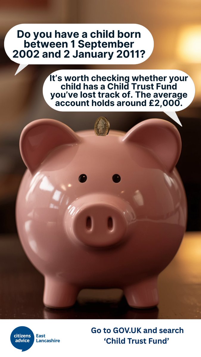 CAEastLancs's tweet photo. Do you have a child born between 1 September 2002 and 2 January 2011?
They could have savings sitting in a Child Trust Fund account – worth around £2,000 on average.
Check here 👉🏻 https://t.co/0WSkizDzzF
#savings #money #uk #hmrc #trustfund https://t.co/dEoFXdnqaD