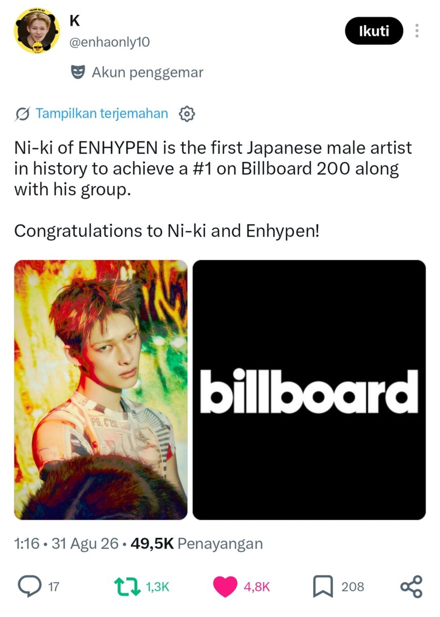 lilactrace_'s tweet photo. Ni-ki : artist pria jepang pertama yang masuk bb hot 200 #1 album
Jungwon : leader termuda yang masuk bb hot 200 #1 album 

MY ENHA MAKE A HISTORY 😭😭 https://t.co/baC3Rznd2F