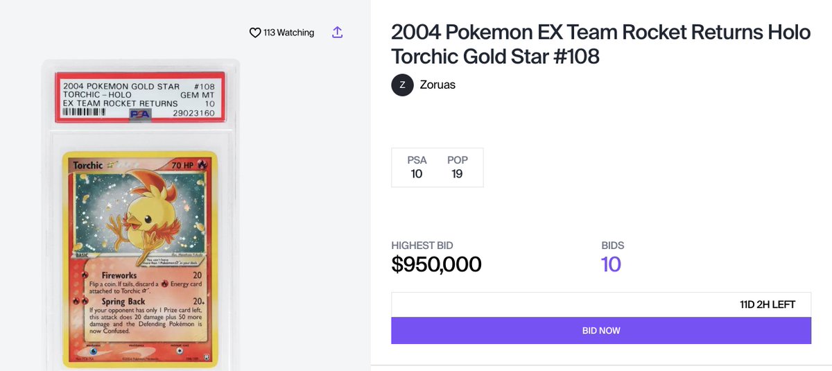 ThePokeMD's tweet photo. GOLD STAR TORCHIC PSA 10 IS AT NEARLY $1 MILLION WITH 11 DAYS LEFT 😭🔥

$950,000 current bid… this is absolutely insane. ⭐️🐥
Where does this end?? https://t.co/AA1J1SU5oo