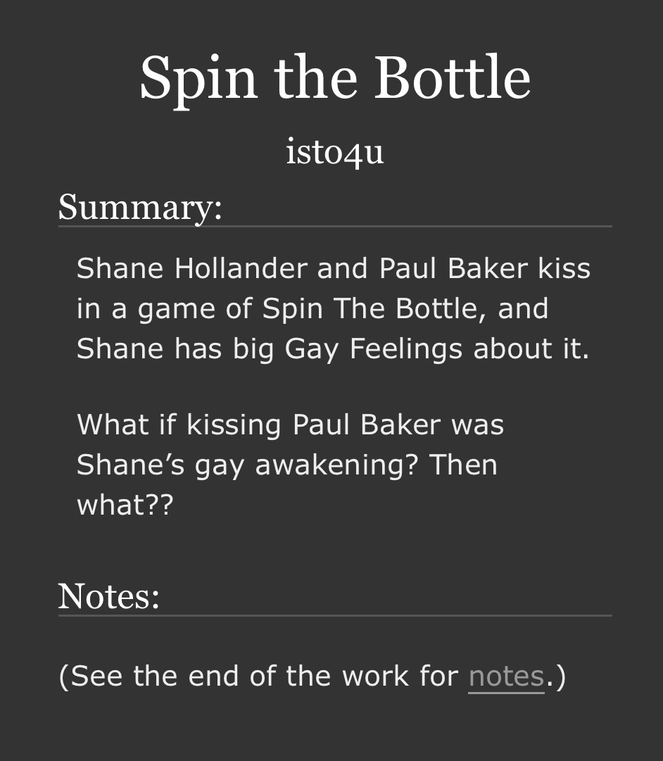 skipbint's tweet photo. shane’s gay awakening: paul baker! 
✨ ~1800 words 
✨ jock popular Shane 
✨ spin the bottle 
✨ married ilya hears the story from shane

🔗 https://t.co/xcFqp4IdvQ https://t.co/5gKKrDF6E5