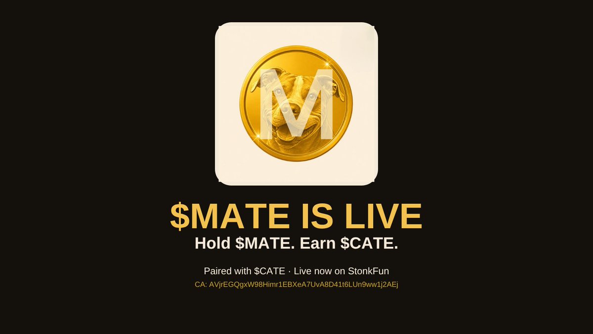 MateCoinOnSol's tweet photo. Meet $MATE 🐾,  CATE's loyal sidekick.

Hold $MATE, earn real $CATE, automatically, every transfer. No staking, no claiming, just loyalty that pays.

Built to back the CATE Army, not compete with it. https://t.co/9dluO57juV
