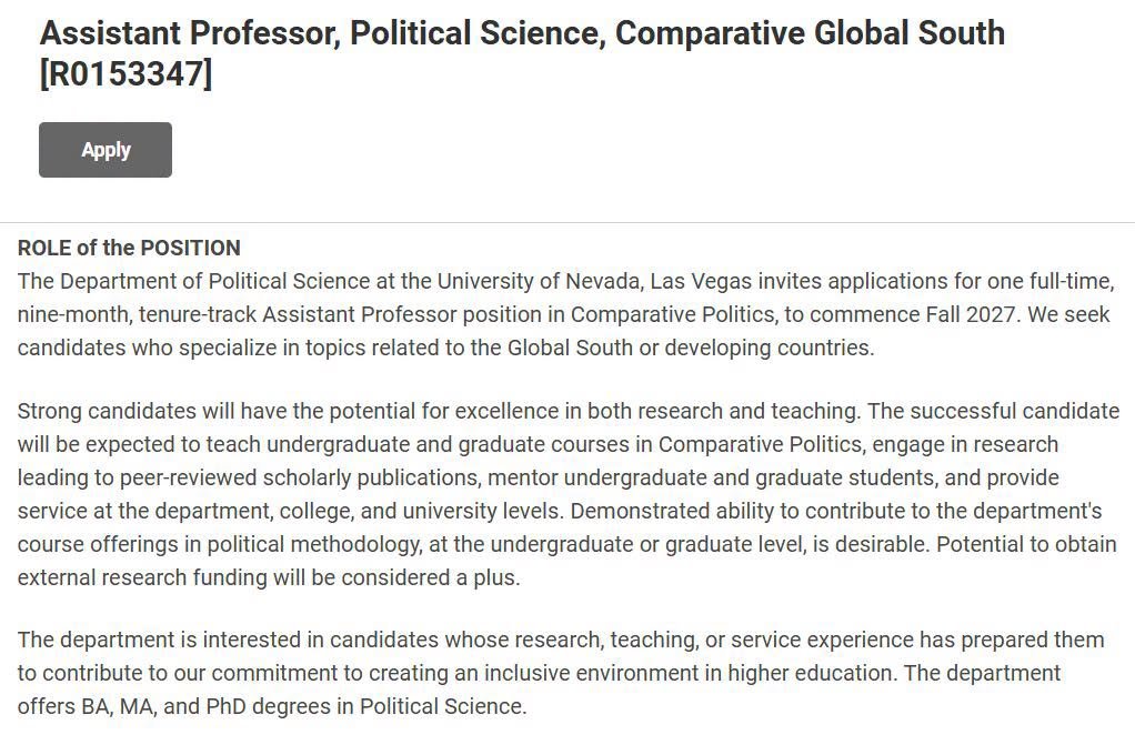 wearytolove's tweet photo. My department @UNLPoliSci is hiring! We are looking for a comparativist focusing on the Global South to join our department. If you are interested in this position or have any question, please contact the search committee chair, which is me. @UNLV 
https://t.co/O5PhXwjz8s https://t.co/7gEIfZ5SDT