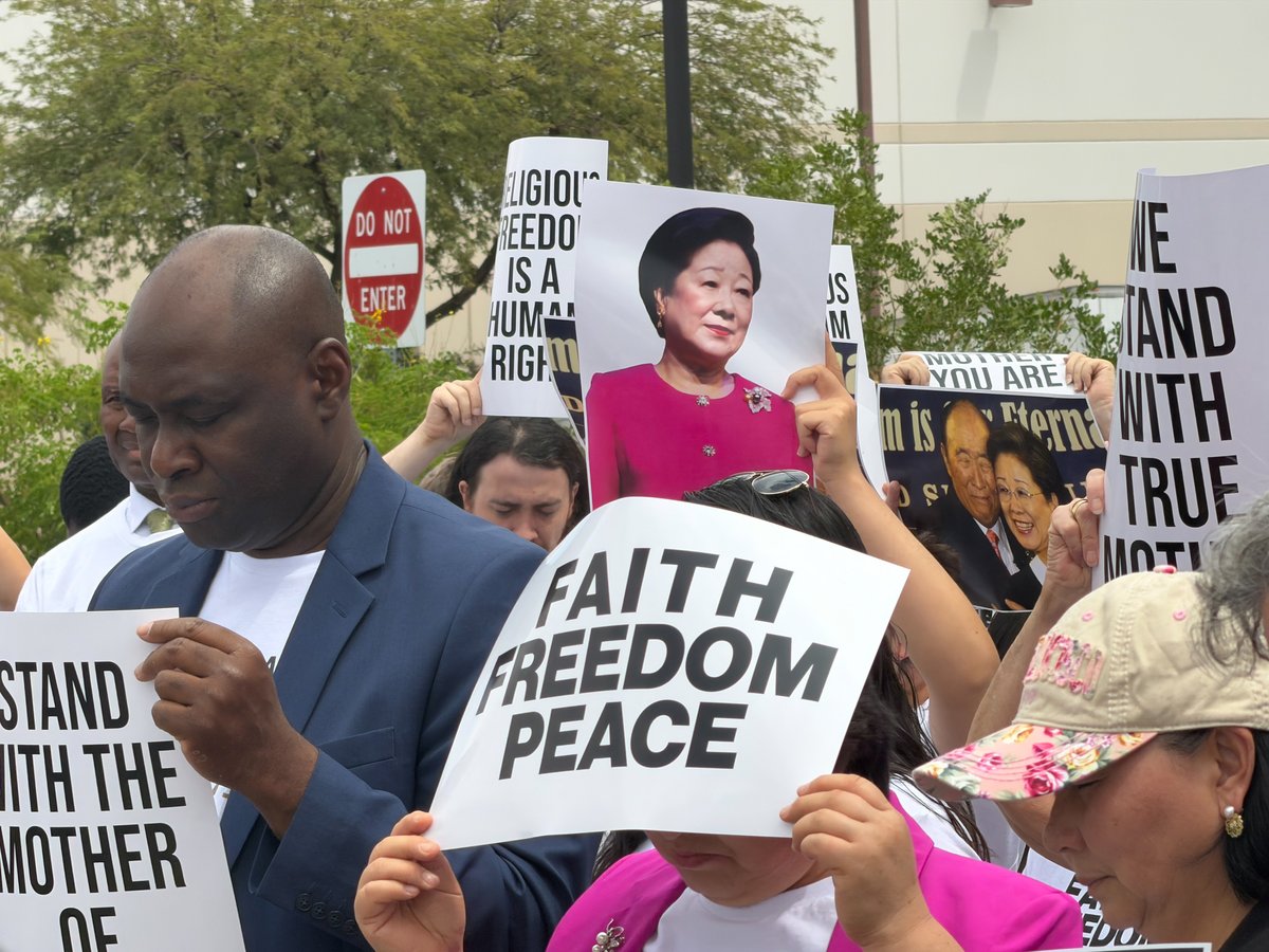FamilyFedUsa's tweet photo. LAS VEGAS, Aug. 30, 2026 - Hundreds of people gathered Sunday outside the International Peace Education Center in Las Vegas for a prayer vigil in support of Dr. Hak Ja Han Moon, known worldwide as the Mother of Peace, as she awaits a verdict in a closely watched criminal case in South Korea.

Participants stood together in prayer around the iconic globe outside of the center, with some holding photographs of Dr. Han and her late husband, Rev. Sun Myung Moon, who together founded a global religious movement dedicated to strengthening families and advancing peace. 

The Las Vegas gathering was part of a broader show of prayer and solidarity for Dr. Han by supporters around the world.

Dr. Han faces the possibility of imprisonment in South Korea. Her case comes amid heightened scrutiny of religious organizations and conservative religious groups in the country, leading supporters and religious freedom advocates to characterize the proceedings against her as part of a politically motivated crackdown by the current South Korean administration. South Korean authorities have pursued the case as a criminal prosecution.

Read the full media alert here: https://t.co/kz0bkzijTO

#ReleaseTheMotherOfPeace #GodsDreamOneFamily #religiousfreedom #faithfreedompeace