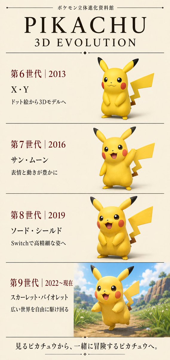 biZOPotRlF22983's tweet photo. 1996年の第1世代では、丸くてずんぐりしたドット絵。

そこから世代を重ねるたびに、

第2世代｜カラー化
第3〜4世代｜輪郭が整いスリムに
第5世代｜ドット絵が動く
第6世代｜ついに3Dモデルへ
第8世代｜Switchで高精細化
第9世代｜広い世界を自由に駆け回る

約30年で変わったのは、見た目だけじゃない。

画面の中で「見るピカチュウ」から、
同じ世界を「一緒に冒険するピカチュウ」へ。