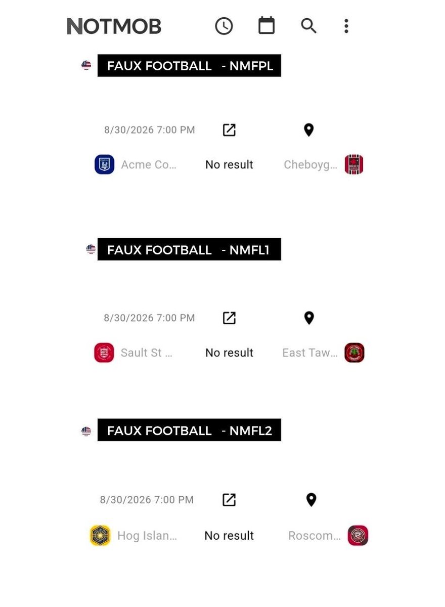 NMFFLsoccer's tweet photo. It's 7pm and the Games of the Week are here.

NMFPL
Acme Coyotes look to blow up the opposition when Cheboygan come to town.

NMFL1
The Lumbermen of East Tawas travel to the Soo, and clash with Sault St Marie FC.

NMFL2
Roscommon Common try to go hog wild against Hog Island. https://t.co/PqOjkY2X0i