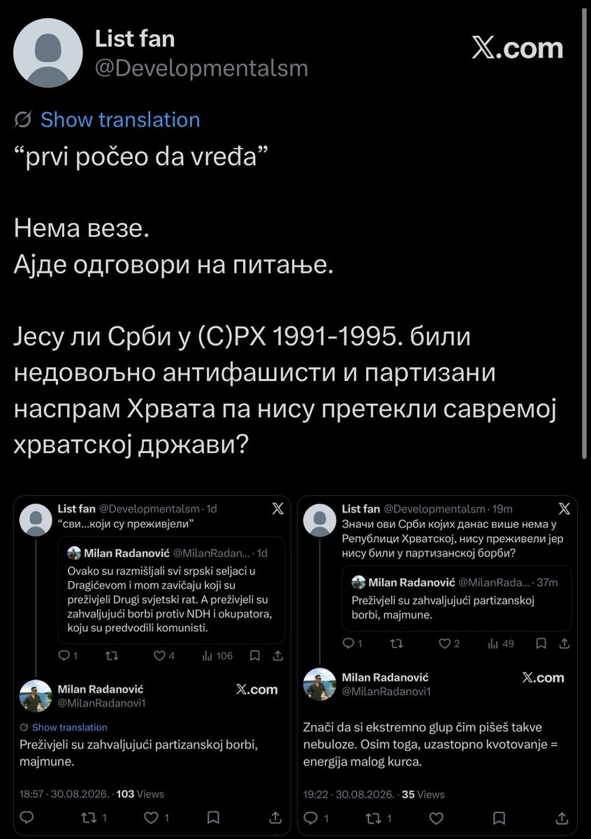 Developmentalsm's tweet photo. >прочитао Јасеновачку грађу

>на хрватској платици

>не може да одговори на сасвим једноставна и логична питања која директно произлазе из његове тврдње.

Доминирате. Јебем ли вам мајку црвенофранковску, титоистичку. https://t.co/pOtGPis7yA