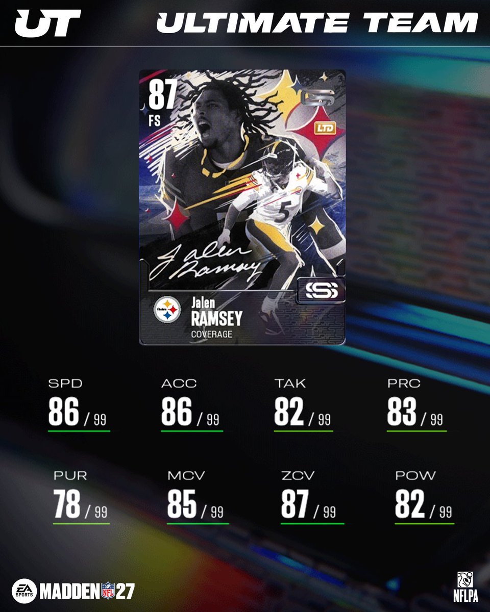 EASPORTS_MUT's tweet photo. Catch Jalen Ramsey, Ashton Jeanty, and Leonard Williams in Collector's Series RL 3️⃣

Dropping tomorrow! #Madden27 https://t.co/rLjiLSAUeh