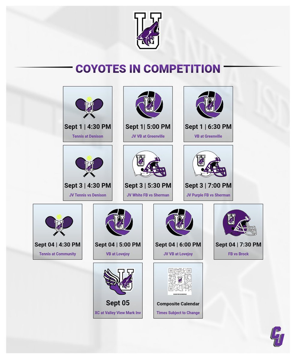 ANNAISDSports's tweet photo. Week of 31 Aug
Coyotes in Competition

@AnnaCoyoteVB in District play
@AnnaHSTennis  with a couple varsity road trips
@AnnaCoyotesFB with Home Opener
@AnnaCoyotesXCTF lacing it up on Sat

Wear purple, be loud, &amp; come out to support your Coyotes.

#CU
#ThisIsAnna https://t.co/fE3KtDmSEg