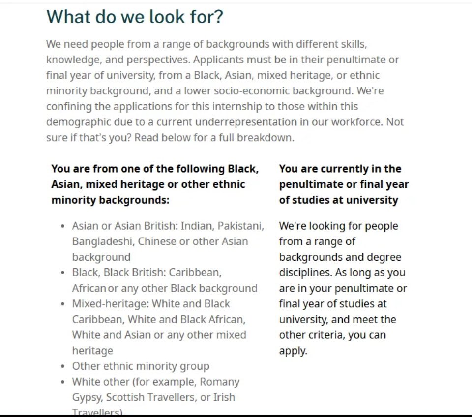 sophielouisecc's tweet photo. Another internship where white British people can’t apply 

Happy to send white British men off to be blown up by Russian drones - but won’t let them do anything else as they’re too ‘privileged’ https://t.co/4xKYZa6Puy