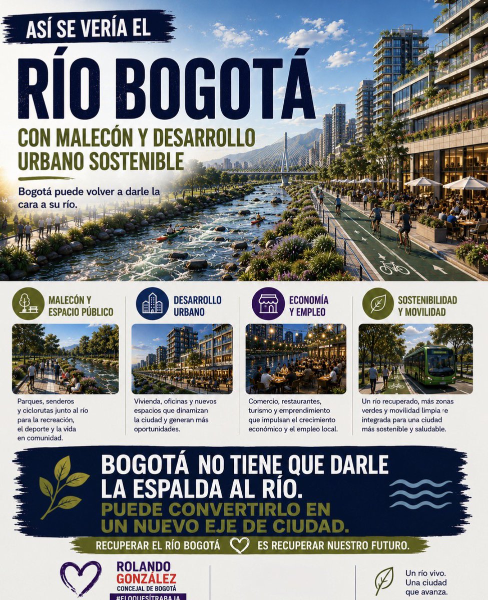RolandoGonGa's tweet photo. Quiero que Bogotá se atreva a soñar con darle la cara al río Bogotá y convertirlo en un nuevo eje de ciudad.

Esta visión no nació ayer. @EnriquePenalosa entendió que recuperar el río debía ser mucho más que descontaminarlo: podía significar parques, malecones, vivienda, comercio, cultura, movilidad y desarrollo urbano.

Barranquilla es una muestra en Colombia de como integrar el rio a la ciudad.

Bogotá ya ha avanzado. La planta Salitre opera, los interceptores llevan aguas hacia Canoas y la Estación Elevadora avanza. Falta el gran paso: la PTAR Canoas.

Pero después de recuperar el río viene la pregunta emocionante:

¿Qué ciudad queremos construir alrededor de él?

Un río vivo puede ser el comienzo de una Bogotá que vuelva a encontrarse con su territorio.